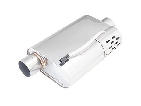 Xforce oválné tělo 4" x 9.5" x 14" (10,16cm x 24,13cm x 35,56cm) posunutý vstup/středový výstup 2.5" jeden vstup, 2.5" jeden výstup